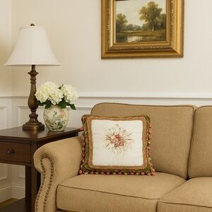 13”x13” decorative pillow hand-stitched ribbon.